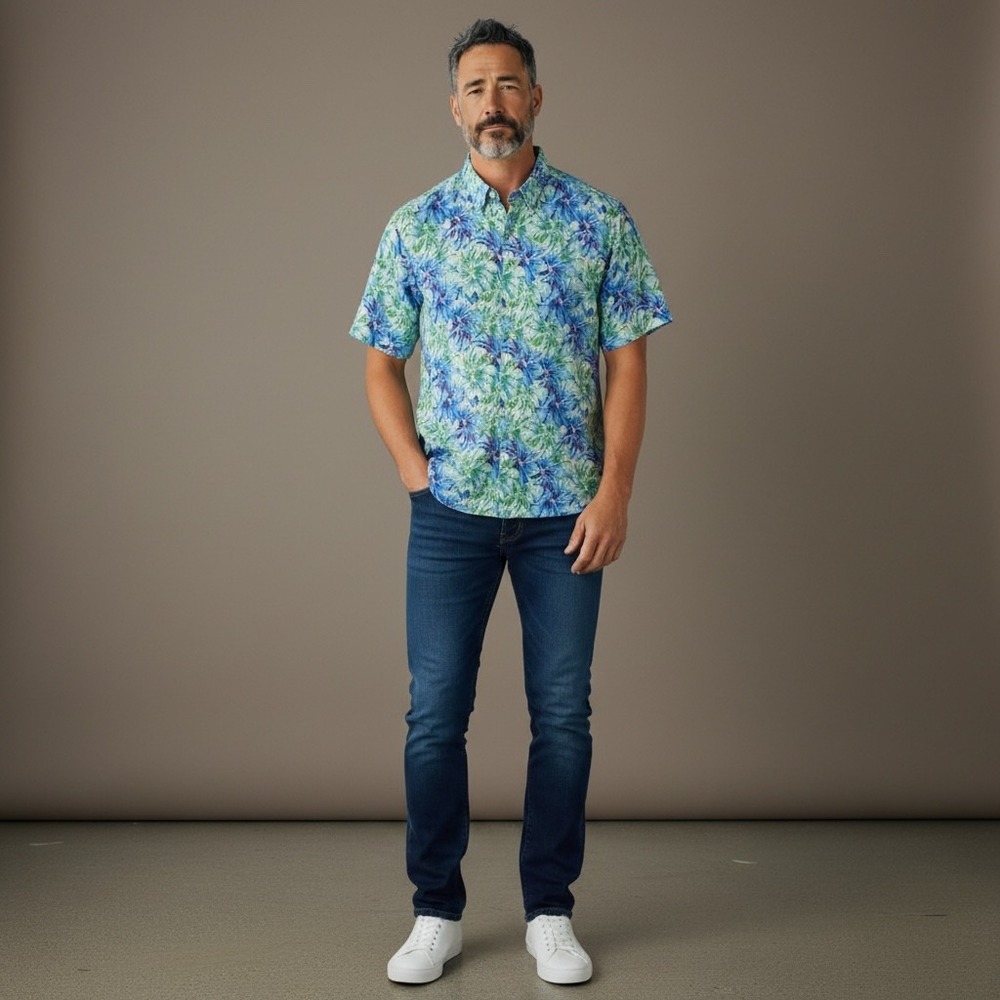 BARABAS Men's Tropical Short-Sleeve Button-Down Shirt in Blue-Green